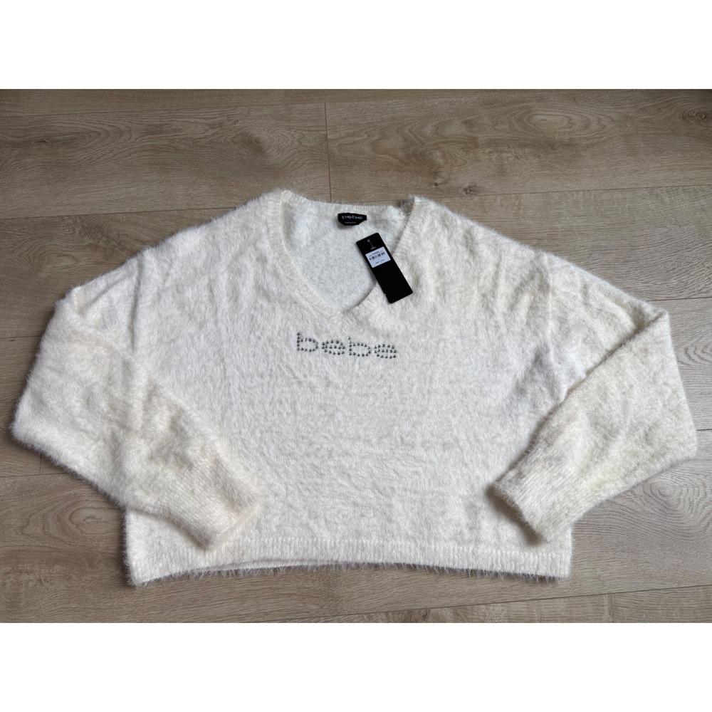 NWT Womens BeBe fuzzy v-neck ivory sweater rhinestone y2k inspired crop L $79